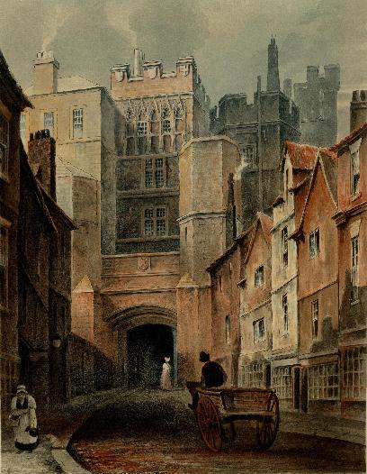 The great North Gate of Durham Castle, before its demolition in the 1820s. The fact that the gate was used as a prison would have made the entrance to the Cathedral and Castle precinct rather unpleasant. The then Bishop of Durham, Barrington, provided the necessary funds to build a new prison, and remove what was seen by many as a nuisance. 